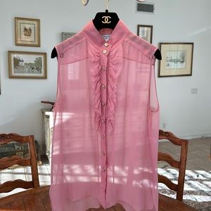 CHANEL pink silk ruffle front blouse. Size 40
